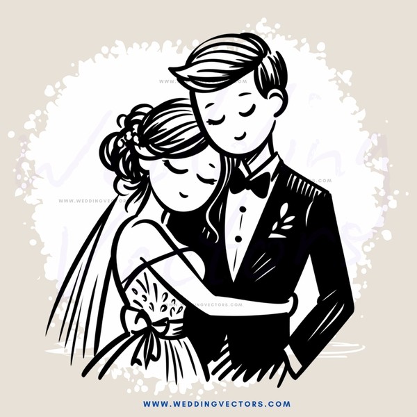 a hugging couple in wedding attire