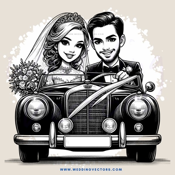 newlyweds in a classic car for their honeymoon