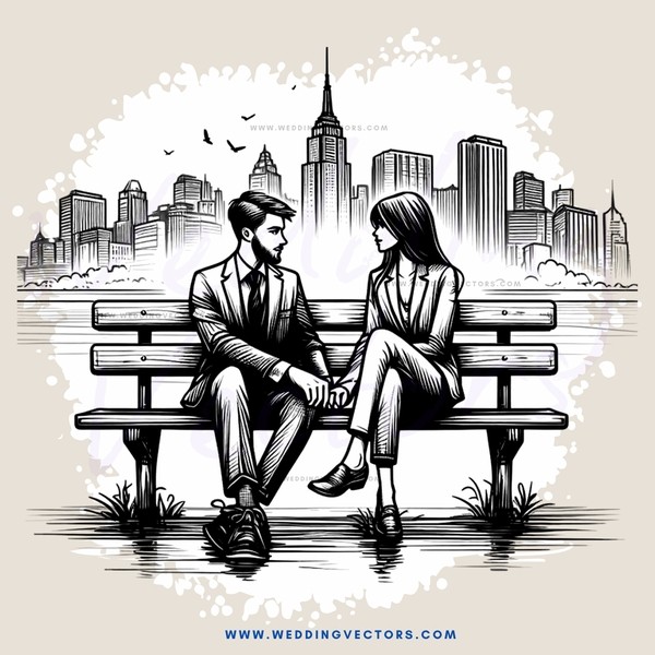 a couple sitting on a bench in front of a city skyline