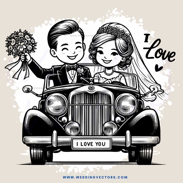 a bride and groom in a car
