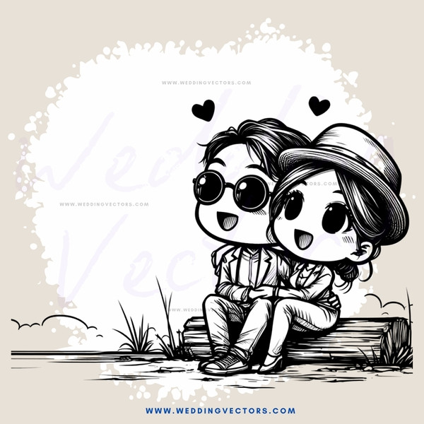 two people sitting on a log with hearts above their heads