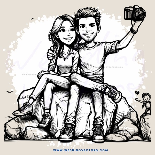 a couple posing on rocks with a boy in the background
