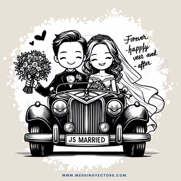 a bride and groom in black and white, next to a car that says "js married"
