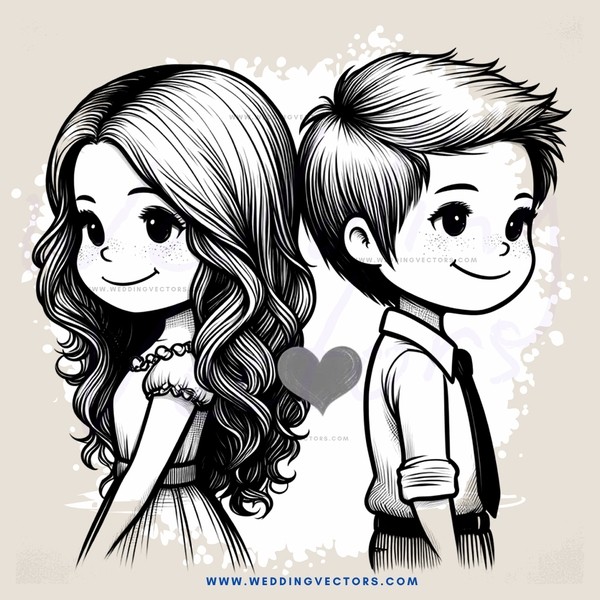 smiley couple with hearts and ribbon over them