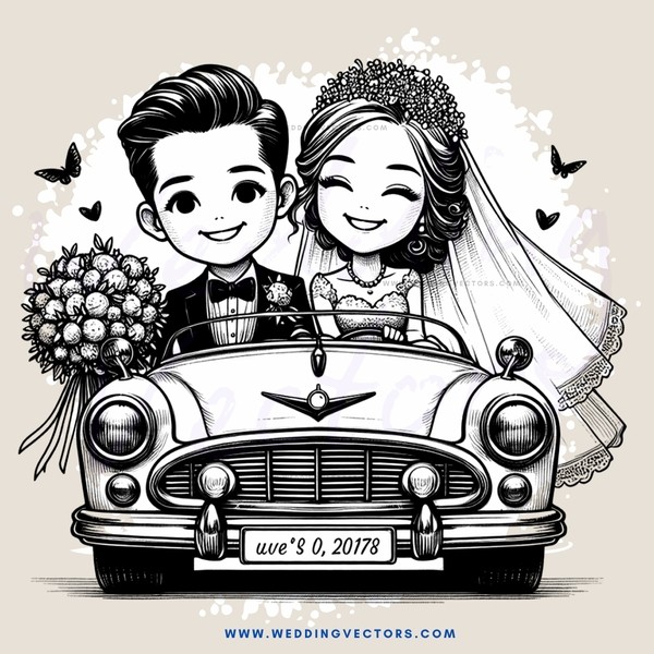 a couple in a vintage car on their wedding day
