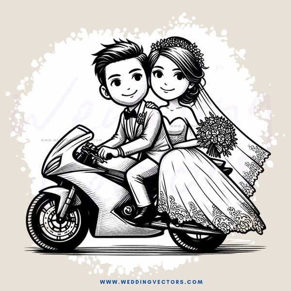 a bride and groom on a motorcycle