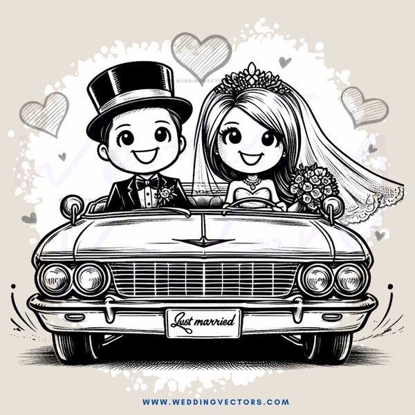 newly married couple in car