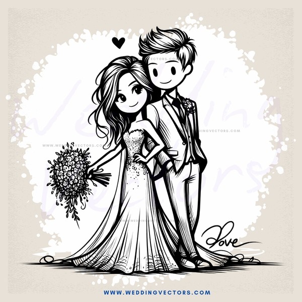 bride and groom in white and black line drawing