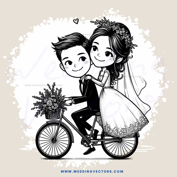 a bride and groom on a bike together