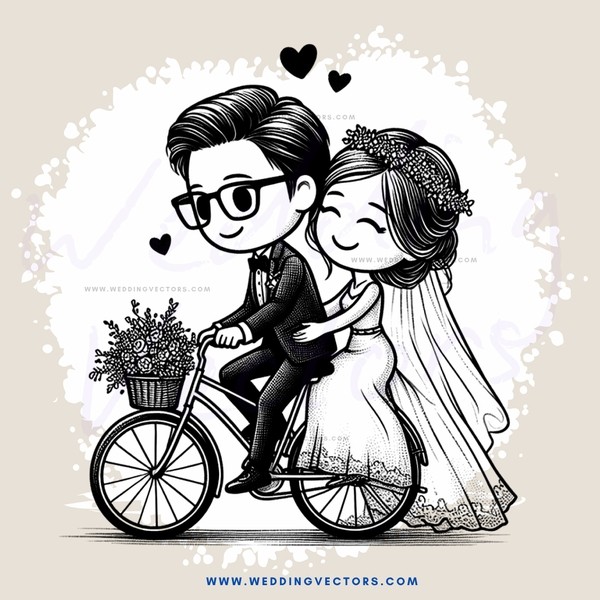 bicycle - bride and groom picture - black and white - cartoonish style