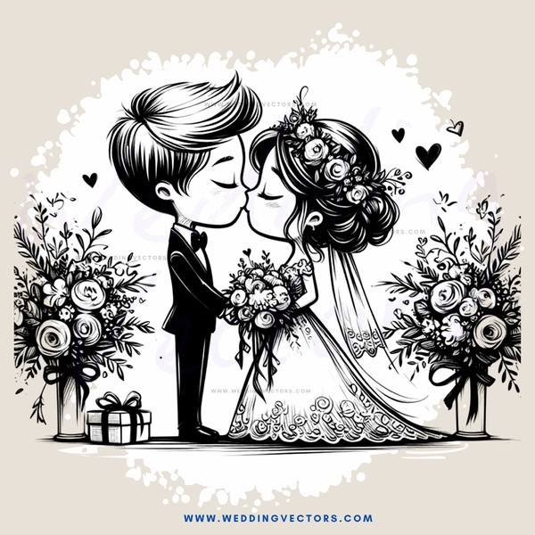 wedding portrait of bride and groom with flowers & gifts