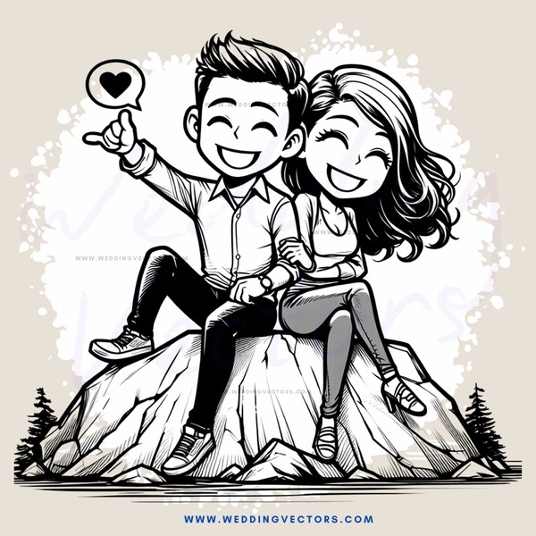 a couple sitting on a mountain with hearts floating around them