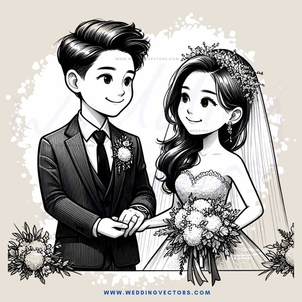 a bride and groom in a cartoon style drawing