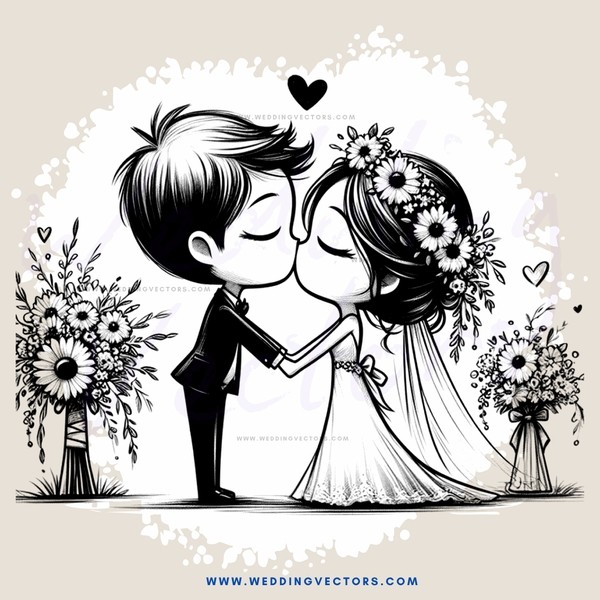 a boy and girl kissing with flowers and sunflowers