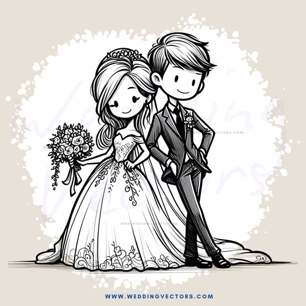 a bride and groom in formal attire with wording on their suit jackets