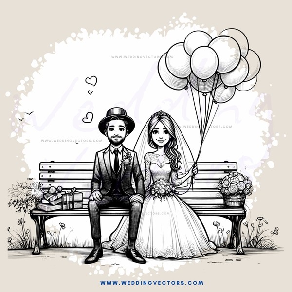 a bride and groom on a bench with balloons