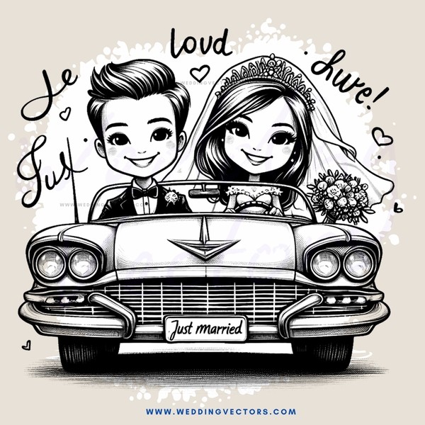 celebratory wedding caricature in black and white