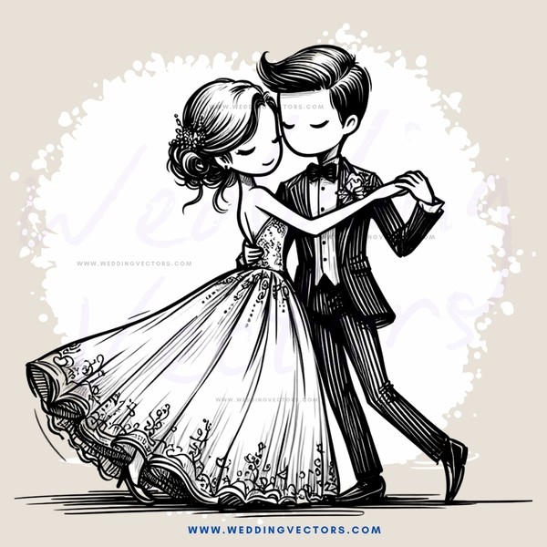 a couple dancing together in wedding attire