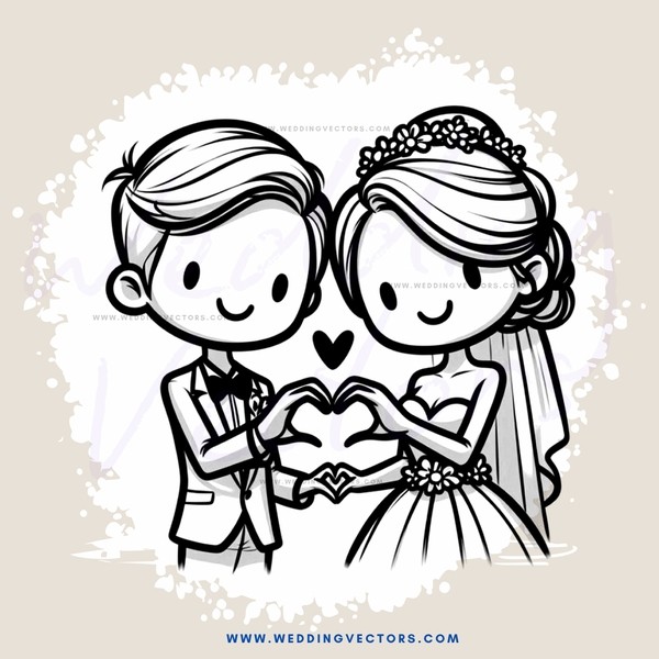 two people in wedding attire holding a heart