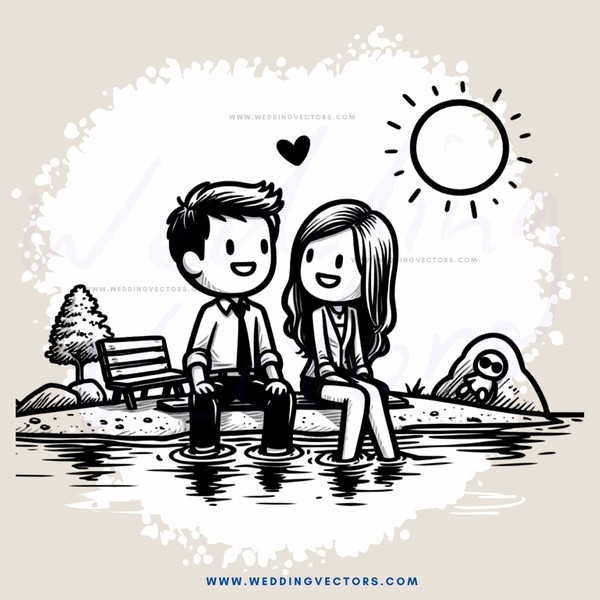 a happy couple sitting by a lake