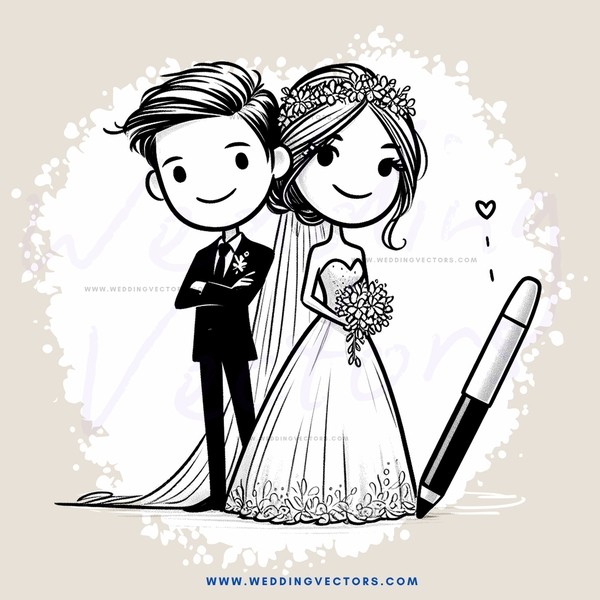 wedding cartoon illustration with wedding rings and an ink pen