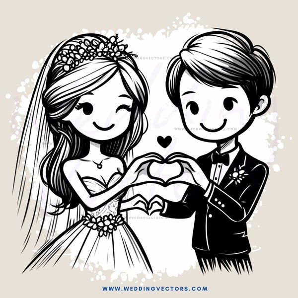 a bride and groom holding hands with a heart symbol between them