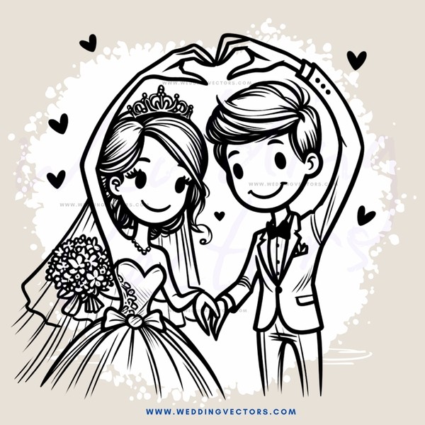 wedding couple in black and white illustration