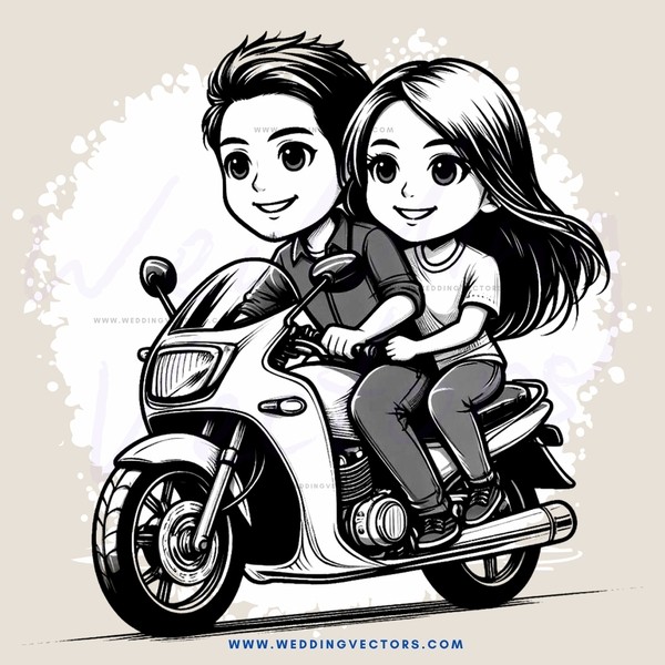 couple riding on motorcycle cartoon style