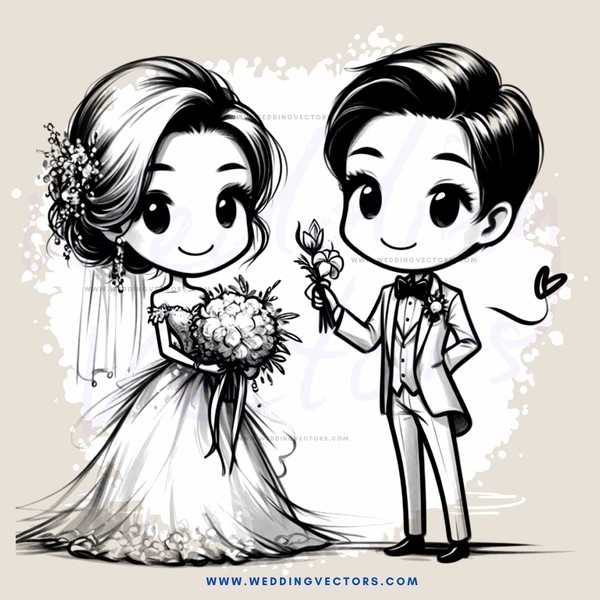 groom and bride cartoon drawing in black & white
