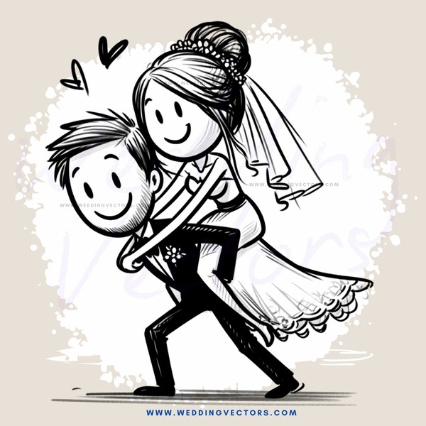 bride and groom embrace in black and white illustration