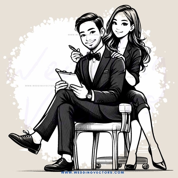 a couple sitting on a chair reading papers