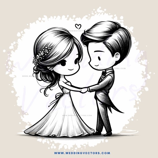 wedding couple posing for photo in black and white cartoon style