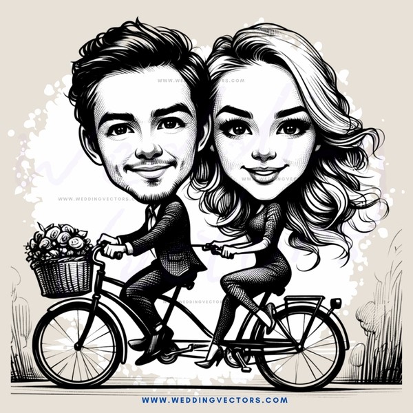 a couple riding bicycles with fruit in the basket