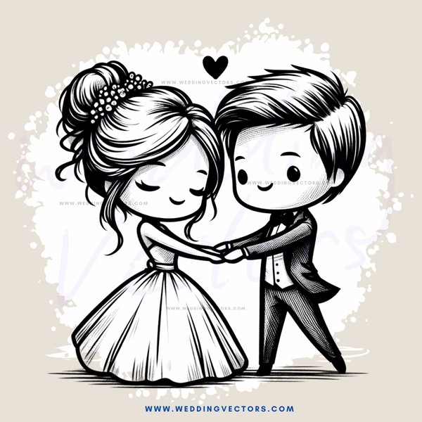 a couple in a dance pose with hearts floating above their heads