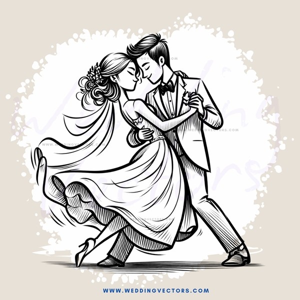 a couple dancing together in a black and white drawing