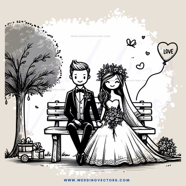 a bride and groom on a bench with trees, flowers, and love letters