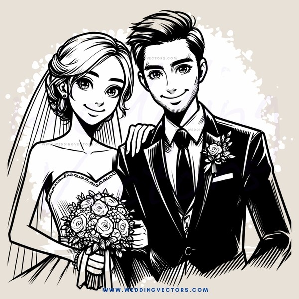 a bride and groom with flowers