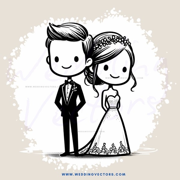 couple standing together in wedding outfits