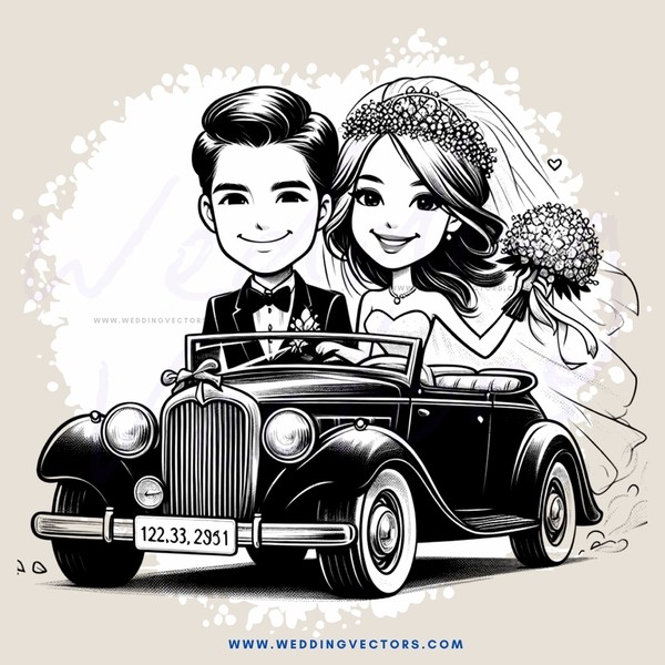 a wedding car scene in black and white