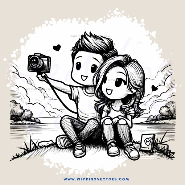 a man and woman sitting in front of a camera with a picture on top