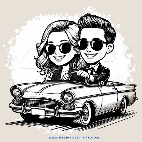 a couple in sunglasses and suits riding a vintage car