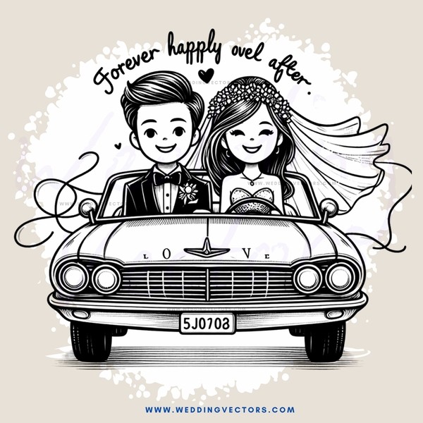 a black and white wedding caricature with a license plate