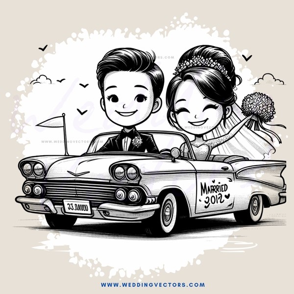 a caricature of a married couple driving in their wedding car