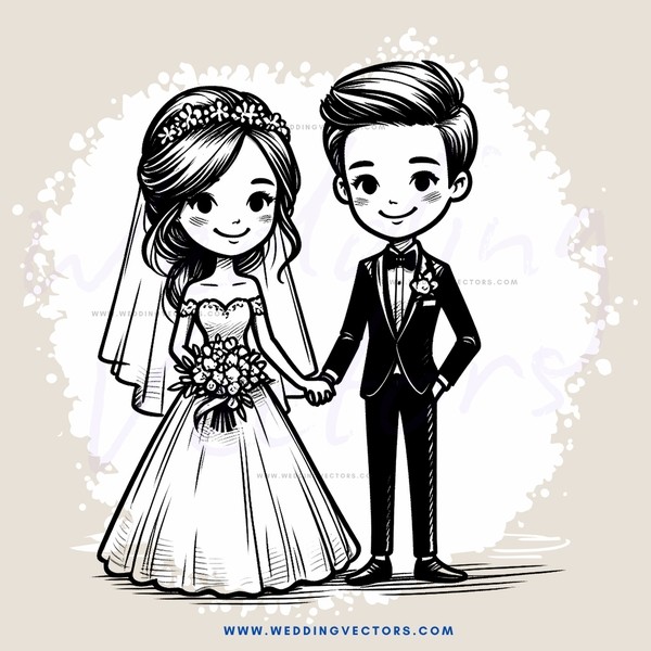 a bride and groom in wedding attire