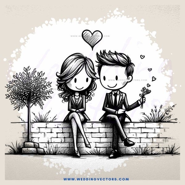a couple sitting on a brick wall with hearts above them