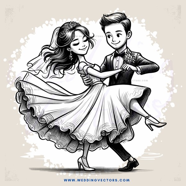 a couple dancing in a dress and tuxedo