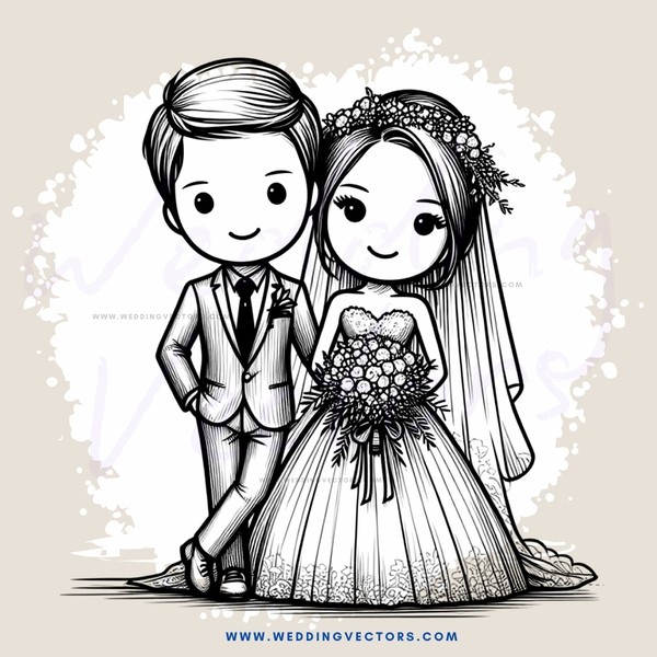 groom and bride picture frame black & white drawing