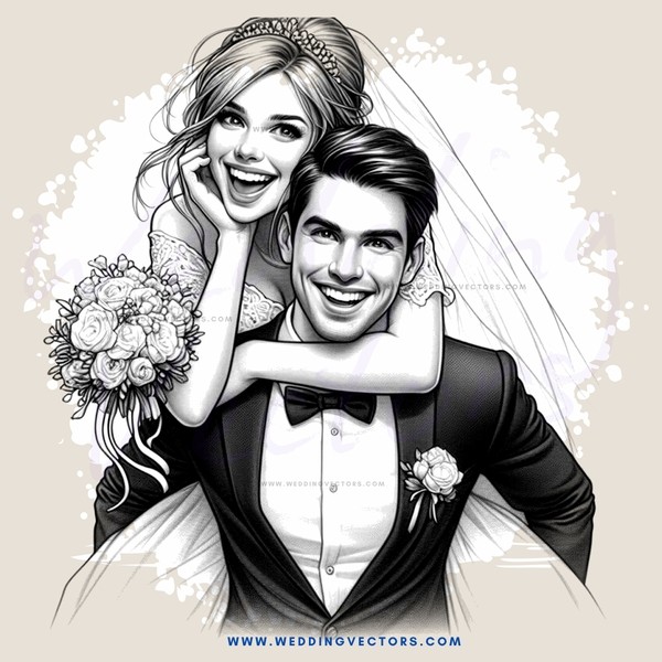 bride and groom in black and white drawing