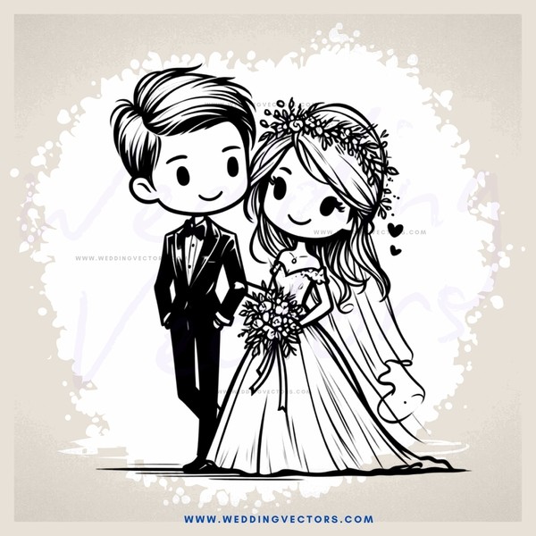 a bride and groom in wedding attire