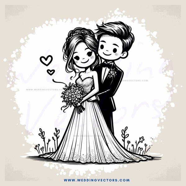 a couple standing on one leg with flowers and hearts